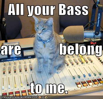 cat standing on a mixing desk with text overlay 'All your Bass are belong to me.'